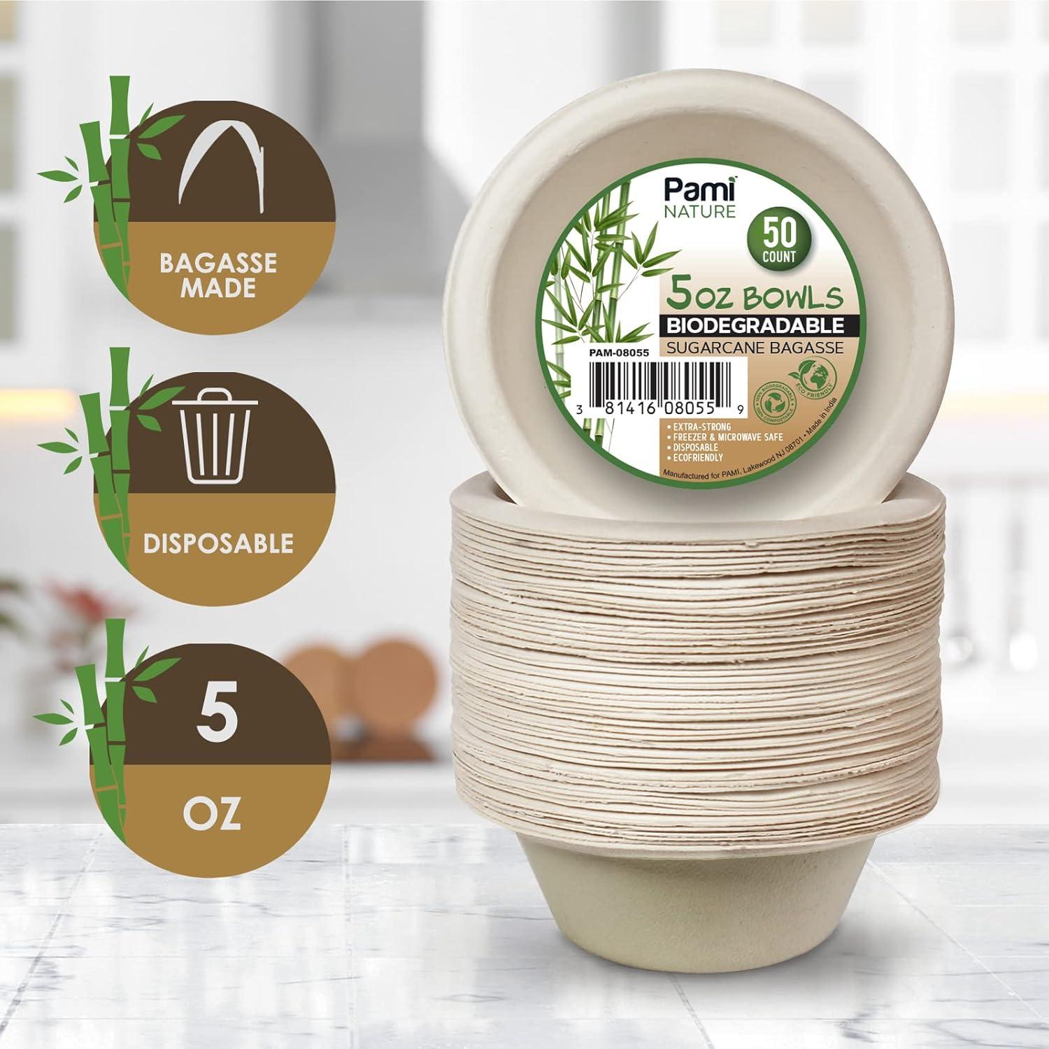 imagePAMI 100 Biodegradable Sugarcane Bowls Pack of 50 Natural Compostable Soup Bowls PlanetFriendly Bagasse Bowls For Hot amp Cold Uses HeavyDuty Disposable Microwavable Paper Serving Bowls 5 oz5 oz