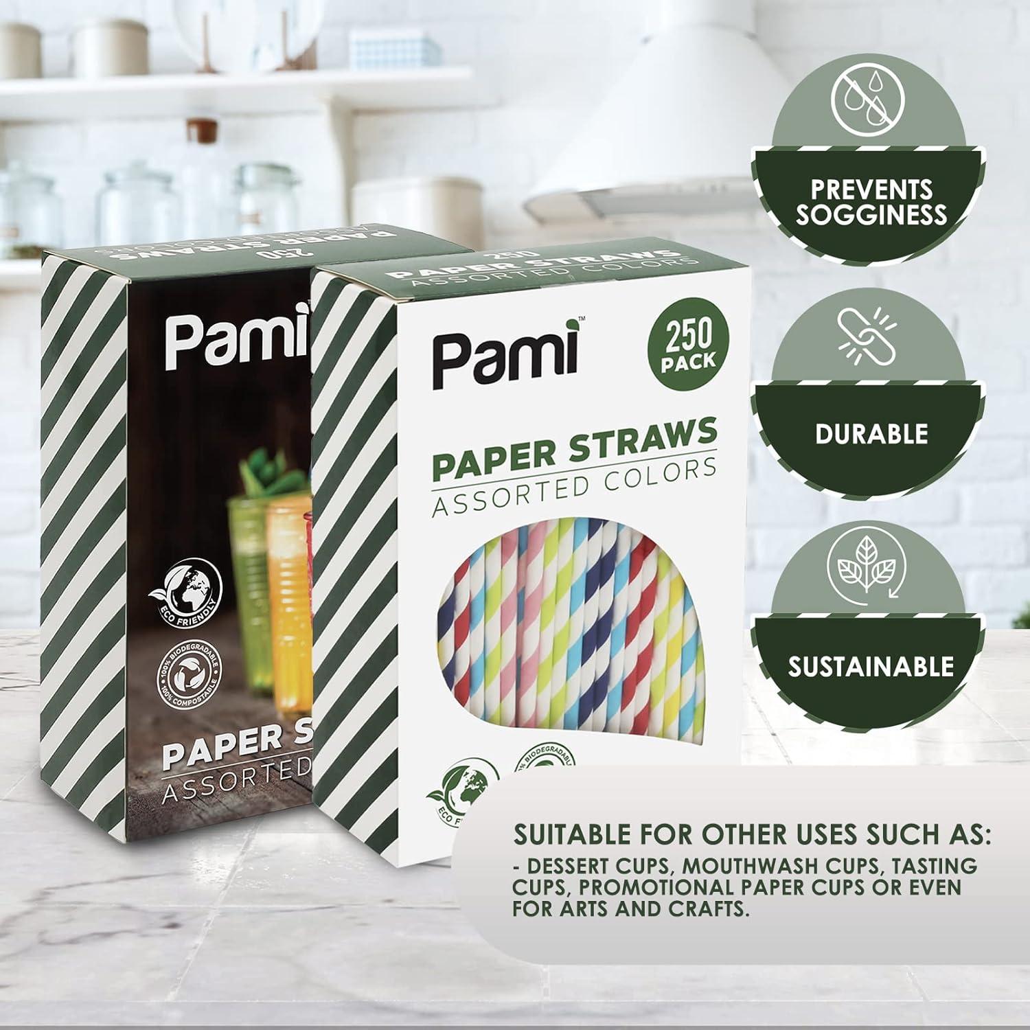 imagePAMI 250Pack Compostable Paper Straws for Drinking Assorted Colors Including Pink Pfas Biodegradable Sturdy for Coffee Juice Cocktails Parties