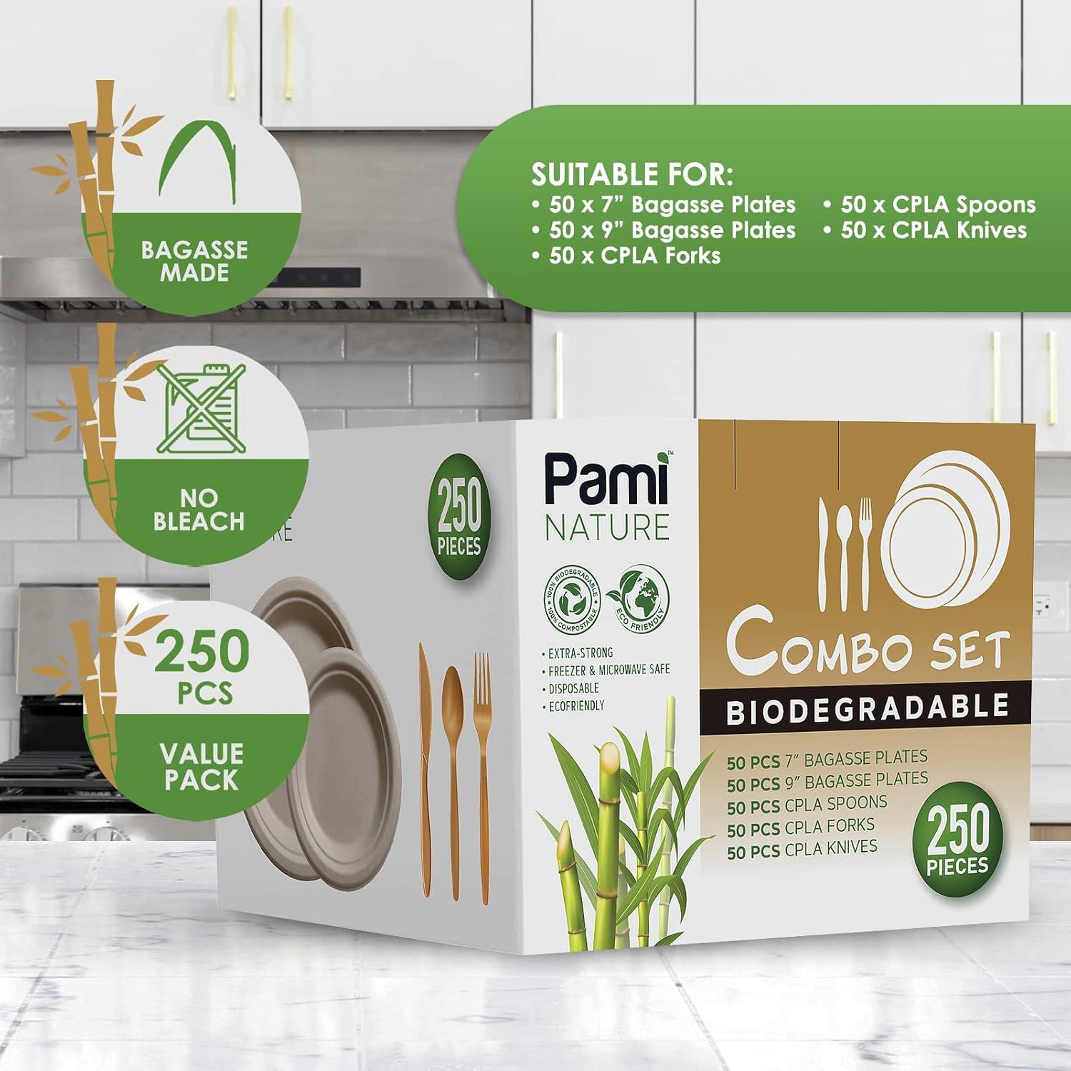 imagePAMI 250Piece Compostable Degradable Tableware Eco Set Disposable Sugarcane Plates Cutlery amp Cups HeavyDuty Eco Dinnerware