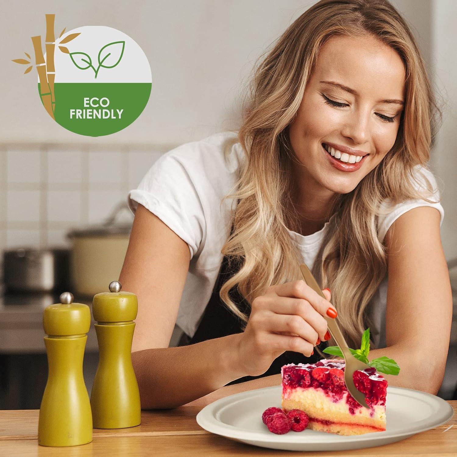 imagePAMI 250Piece Compostable Degradable Tableware Eco Set Disposable Sugarcane Plates Cutlery amp Cups HeavyDuty Eco Dinnerware