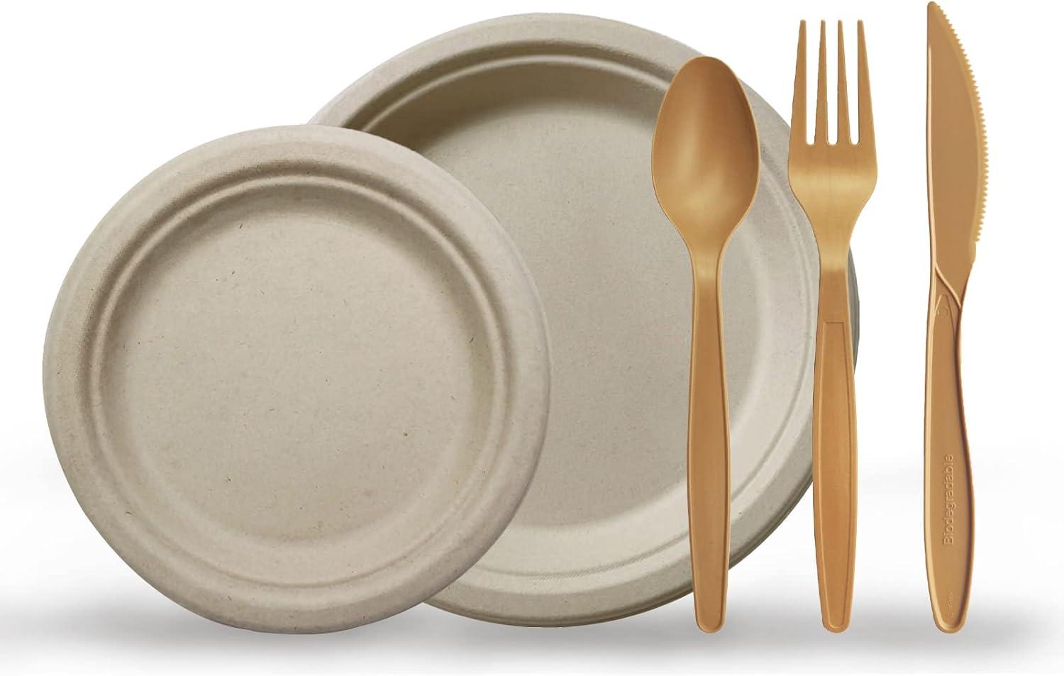 imagePAMI 250Piece Compostable Degradable Tableware Eco Set Disposable Sugarcane Plates Cutlery amp Cups HeavyDuty Eco Dinnerware