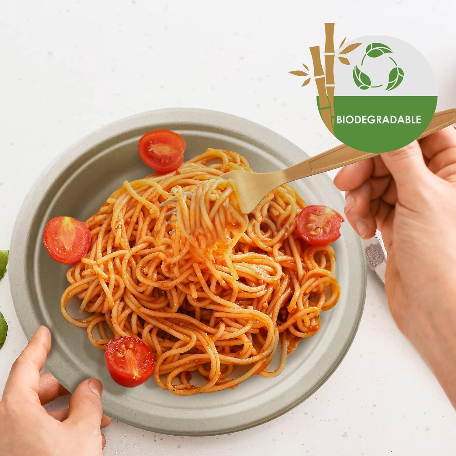 imagePAMI 250Piece Compostable Degradable Tableware Eco Set Disposable Sugarcane Plates Cutlery amp Cups HeavyDuty Eco Dinnerware