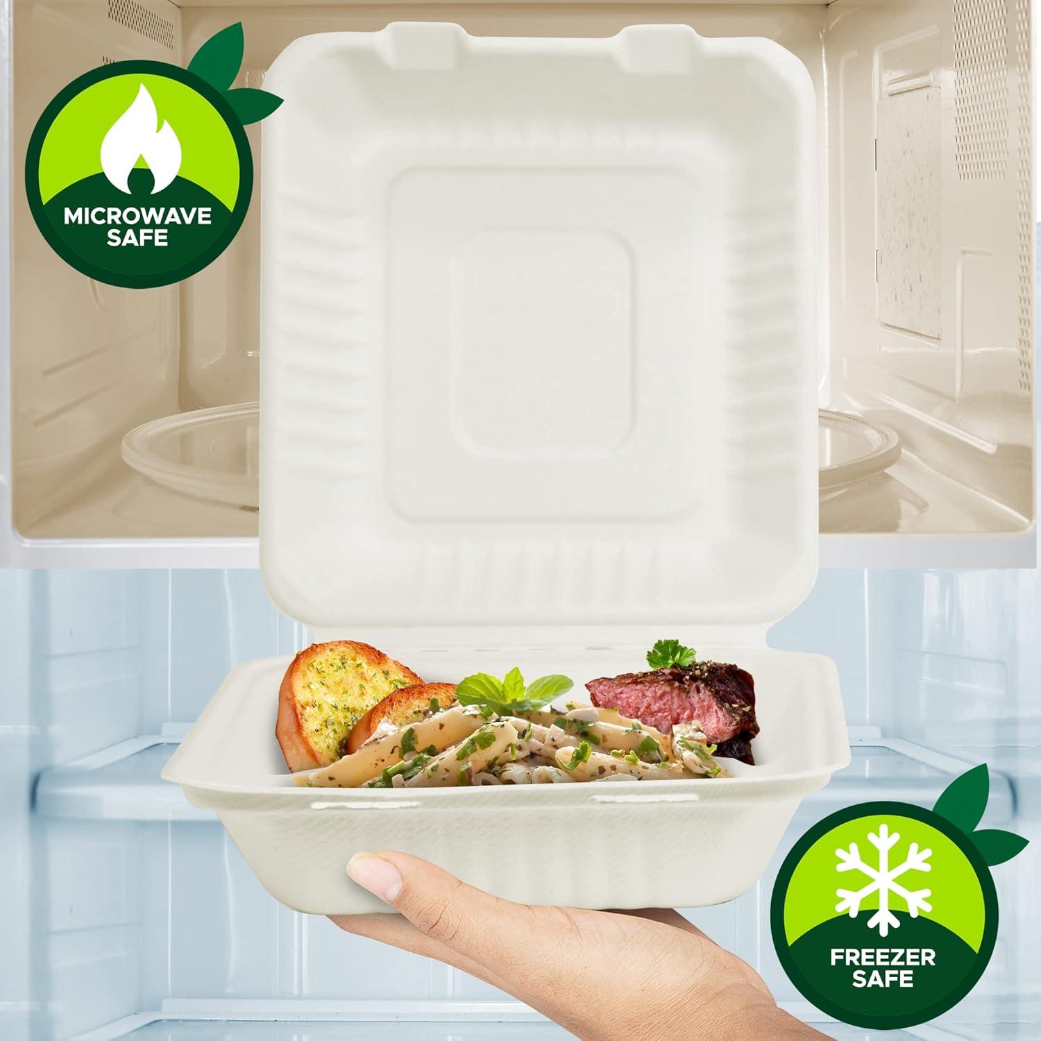 imagePAMI Biodegradable to Go Food Containers 8x8 in 50 Pack Compostable Microwavable Clamshell Boxes Made from EcoFriendly Sugarcane