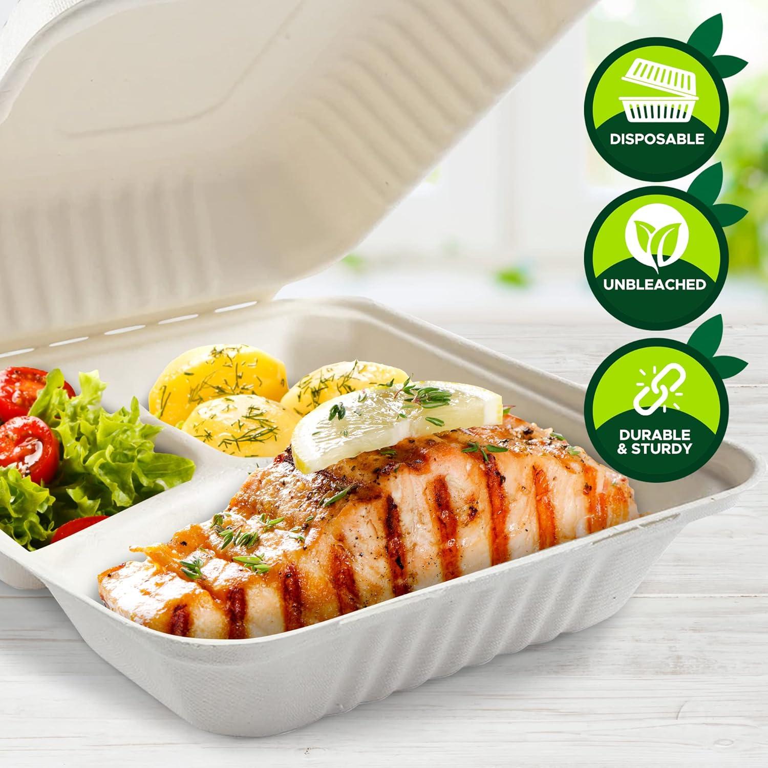 imagePAMI Biodegradable to Go Food Containers 8x8 in 50 Pack Compostable Microwavable Clamshell Boxes Made from EcoFriendly Sugarcane