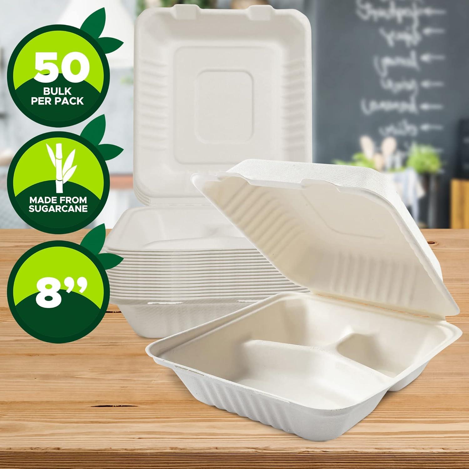 imagePAMI Biodegradable to Go Food Containers 8x8 in 50 Pack Compostable Microwavable Clamshell Boxes Made from EcoFriendly Sugarcane