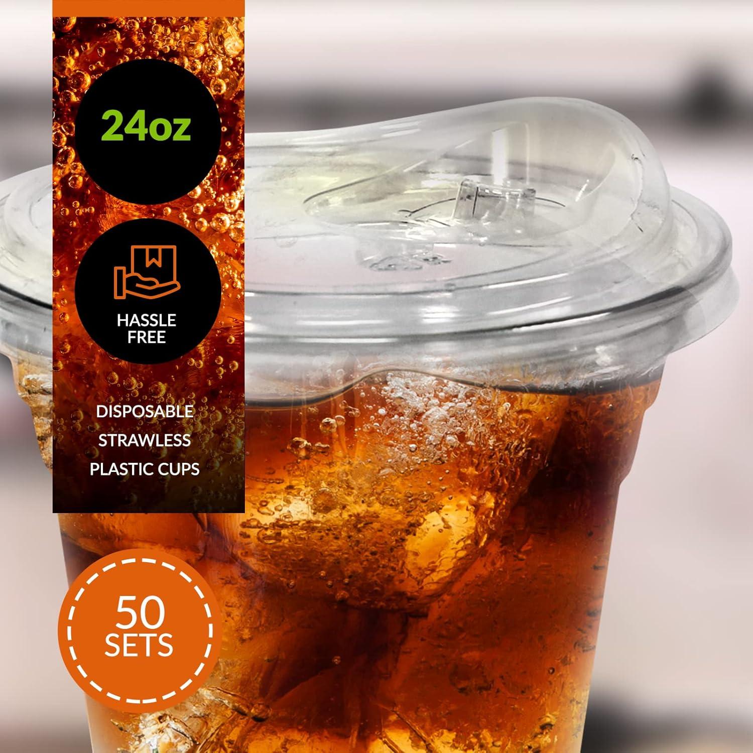 imagePAMI Clear 24oz Plastic Cups With Sip Lids Pack of 50 BPAFree Disposable Clear ToGo Cups For Cold Drinks Iced Coffee amp Tea Smoothies Boba Cocktails24oz
