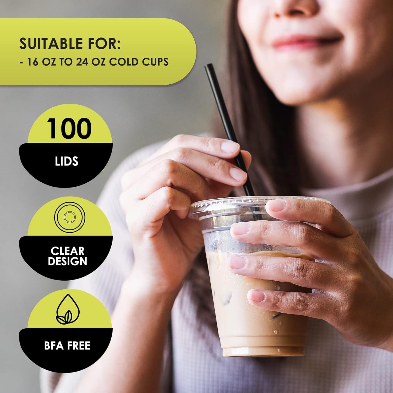 imagePAMI Clear Plastic Flat Lids with Straw Slot for 16 Oz Cups Pack of 100 Fits 16 20 24 Oz Cups Disposable Leakproof Bpa Pet Lids