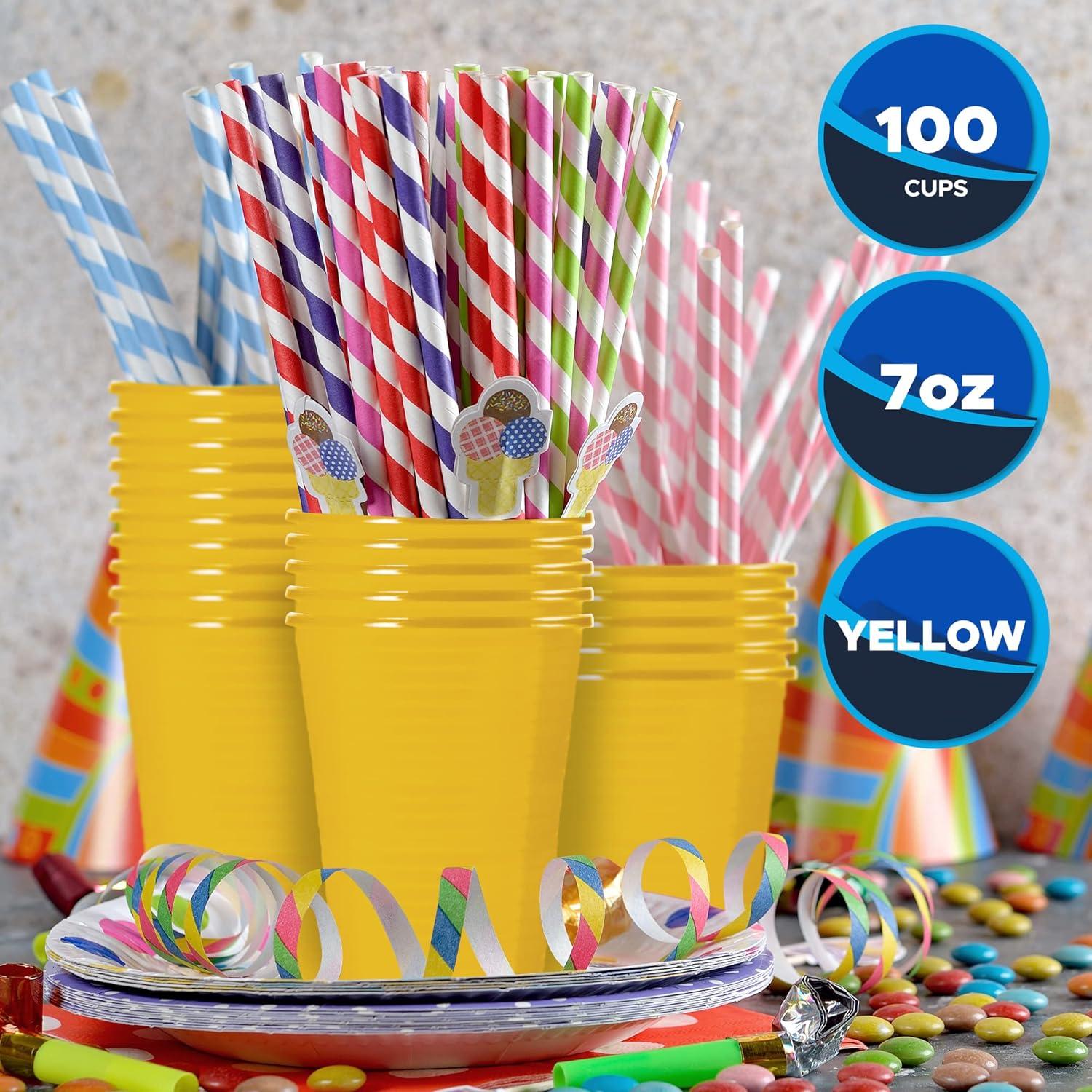 imagePAMI Colorful 7oz Plastic Party Cups Pack of 100 Disposable Drinking Glasses Bulk BPAFree Colored Cups For Iced Tea Jello Punch Cocktails Shots amp Cold Drinks ThrowAway Green Plastic CupsYellow