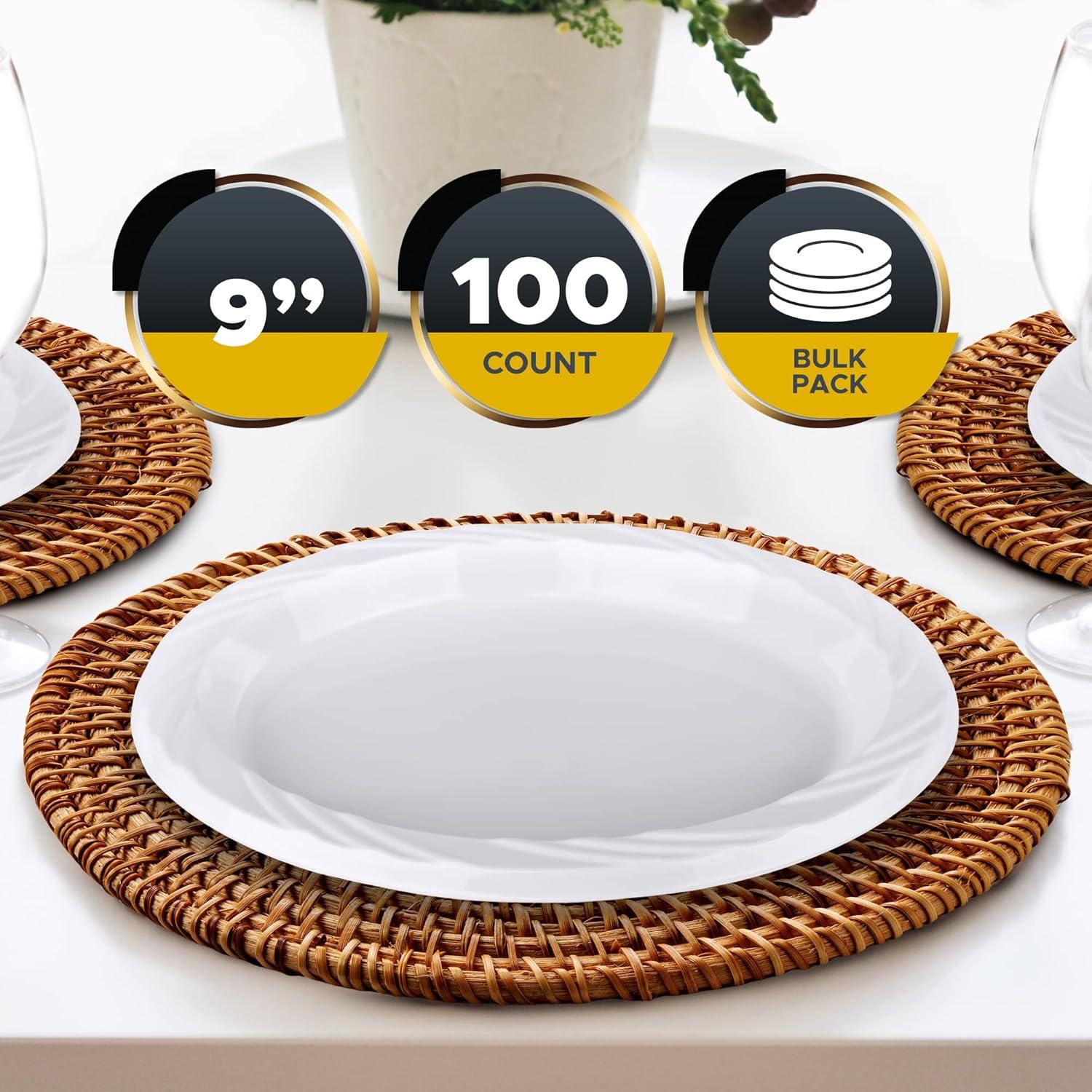 imagePAMI HeavyDuty Disposable Plastic Dinnerware for Parties Elegant Design Microwave amp Freezer Safe 9 Inch Plates 100 White