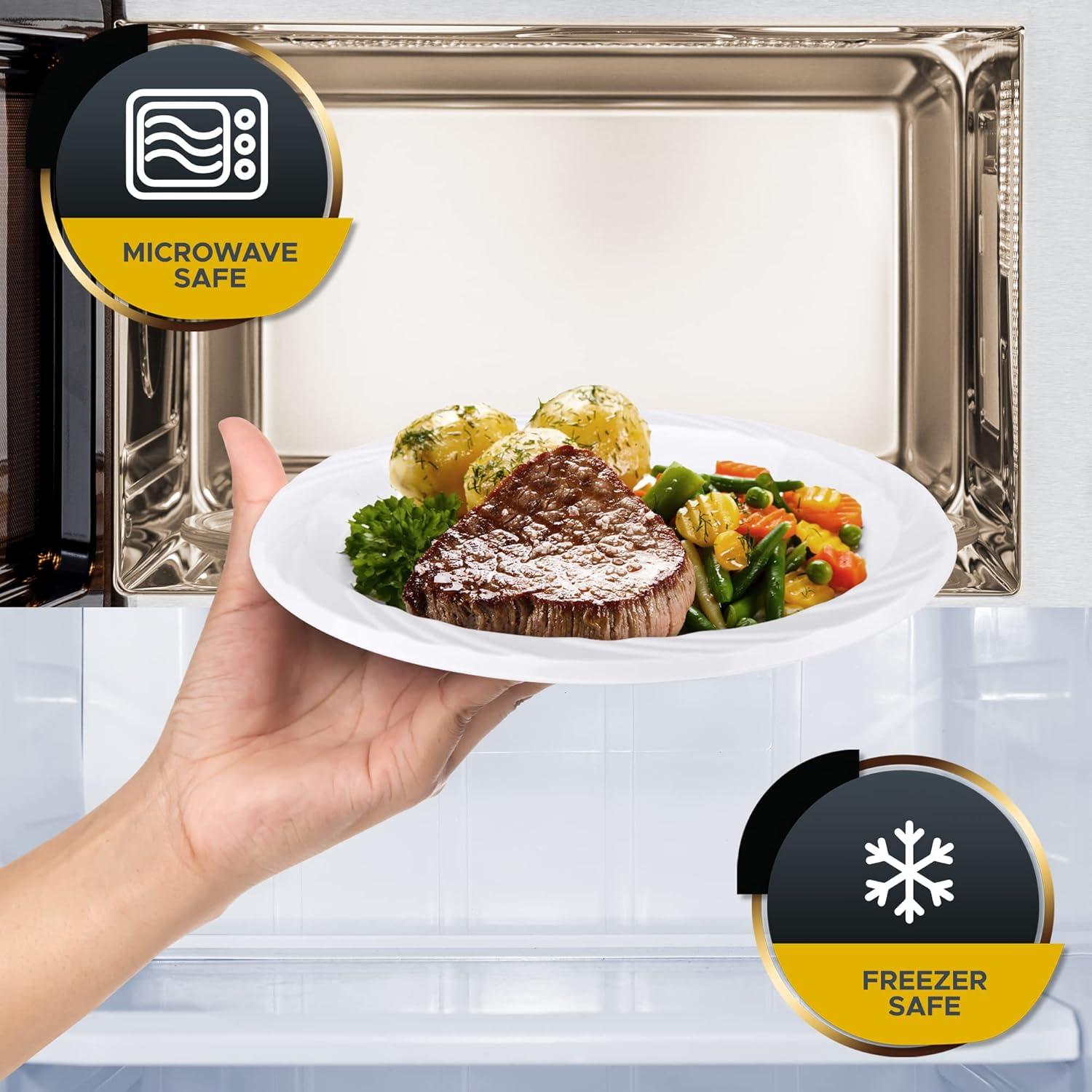 imagePAMI HeavyDuty Disposable Plastic Dinnerware for Parties Elegant Design Microwave amp Freezer Safe 9 Inch Plates 100 White