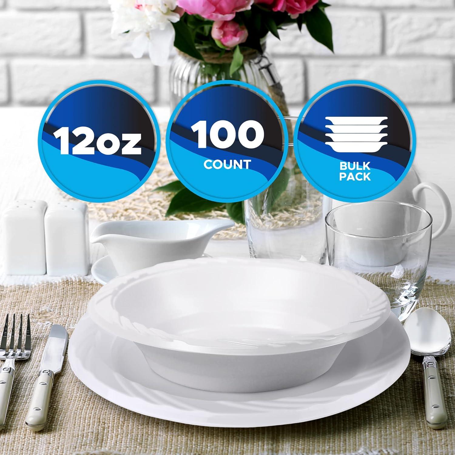 imagePAMI Premium Disposable Plastic Bowls White Serving Soup Bowls For Dinner Salads Desserts HeavyDuty Microwavable Round Rimmed Bowls In Bulk Elegant Plastic Dinnerware Set 12oz