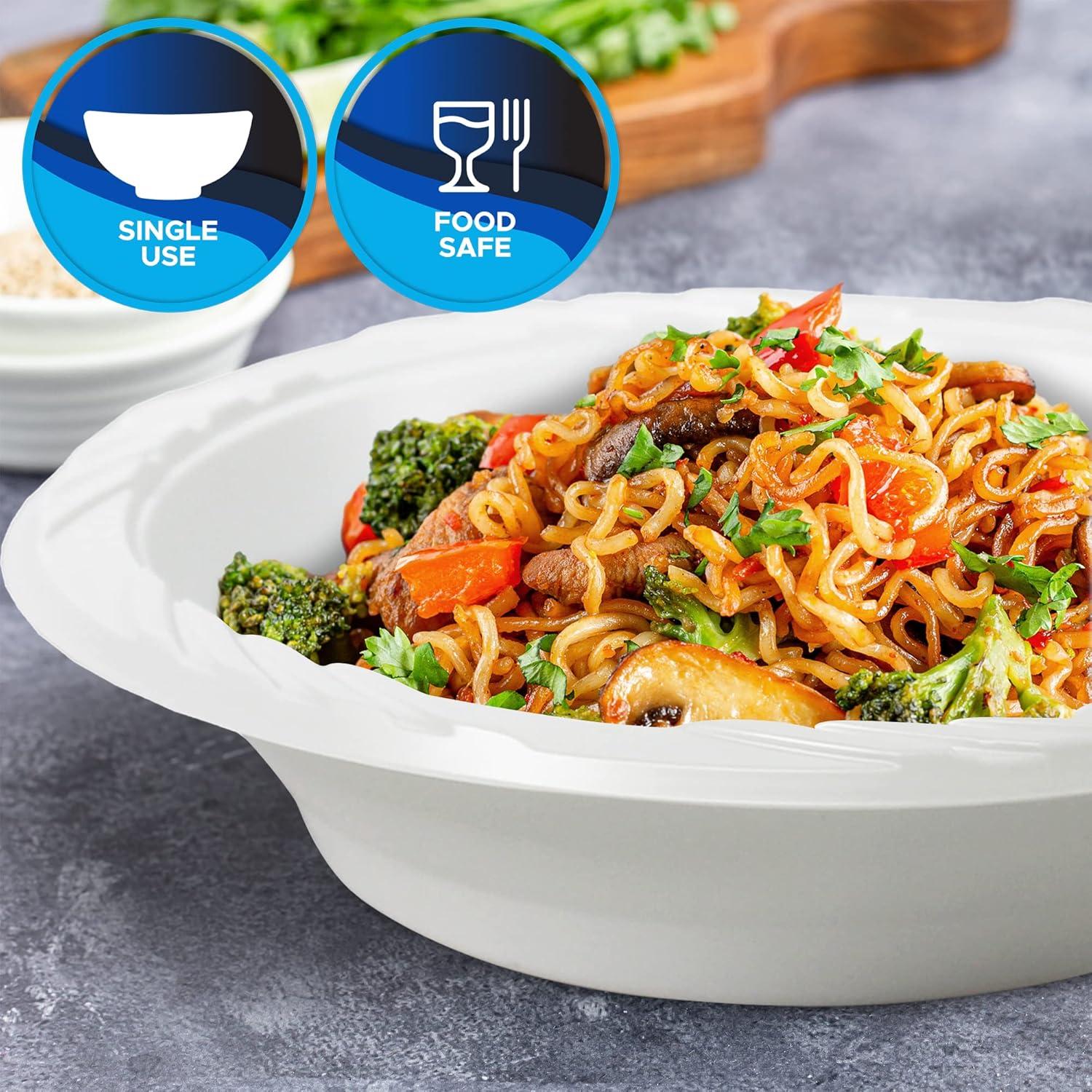 imagePAMI Premium Disposable Plastic Bowls White Serving Soup Bowls For Dinner Salads Desserts HeavyDuty Microwavable Round Rimmed Bowls In Bulk Elegant Plastic Dinnerware Set 12oz