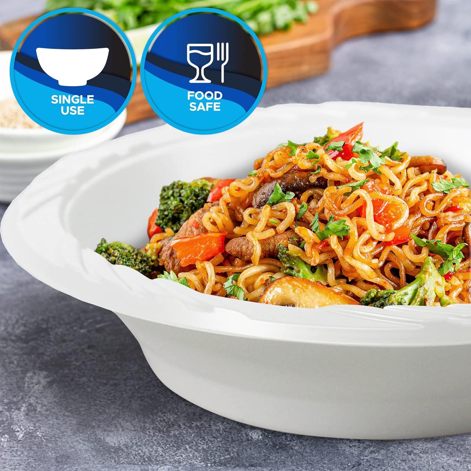 imagePAMI Premium Disposable Plastic Bowls White Serving Soup Bowls For Dinner Salads Desserts HeavyDuty Microwavable Round Rimmed Bowls In Bulk Elegant Plastic Dinnerware Set 18oz