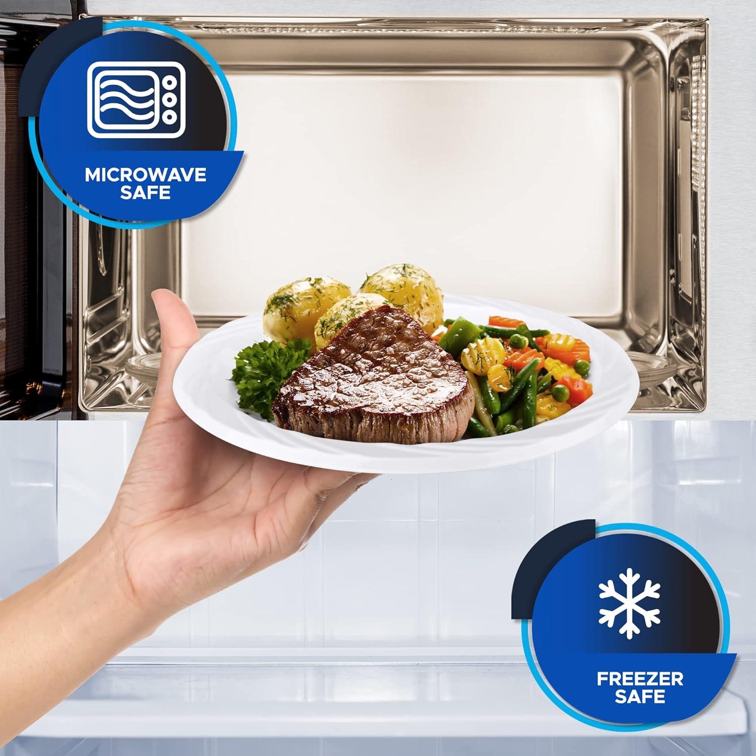 imagePAMI Premium Disposable Plastic Pack of 100 7 White Party Plates For Dinner Desserts Appetizers HeavyDuty Microwavable Plates In Bulk For Any Occasion Elegant Plastic Dinnerware Set