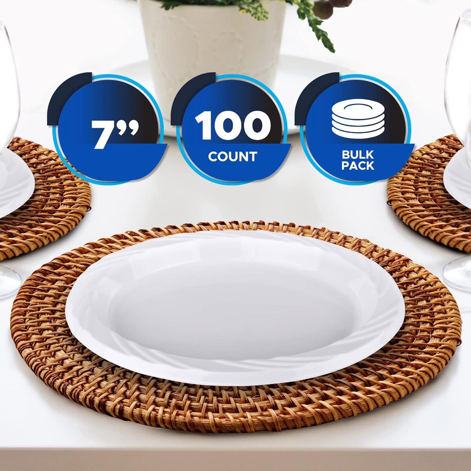 imagePAMI Premium Disposable Plastic Pack of 100 7 White Party Plates For Dinner Desserts Appetizers HeavyDuty Microwavable Plates In Bulk For Any Occasion Elegant Plastic Dinnerware Set