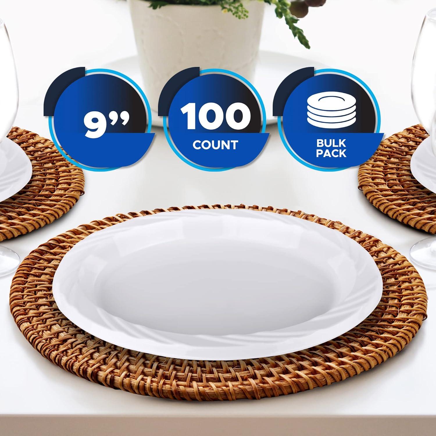 imagePAMI Premium Disposable Plastic Pack of 100 9 White Party Plates For Dinner Desserts Appetizers HeavyDuty Microwavable Plates In Bulk For Any Occasion Elegant Plastic Dinnerware Set