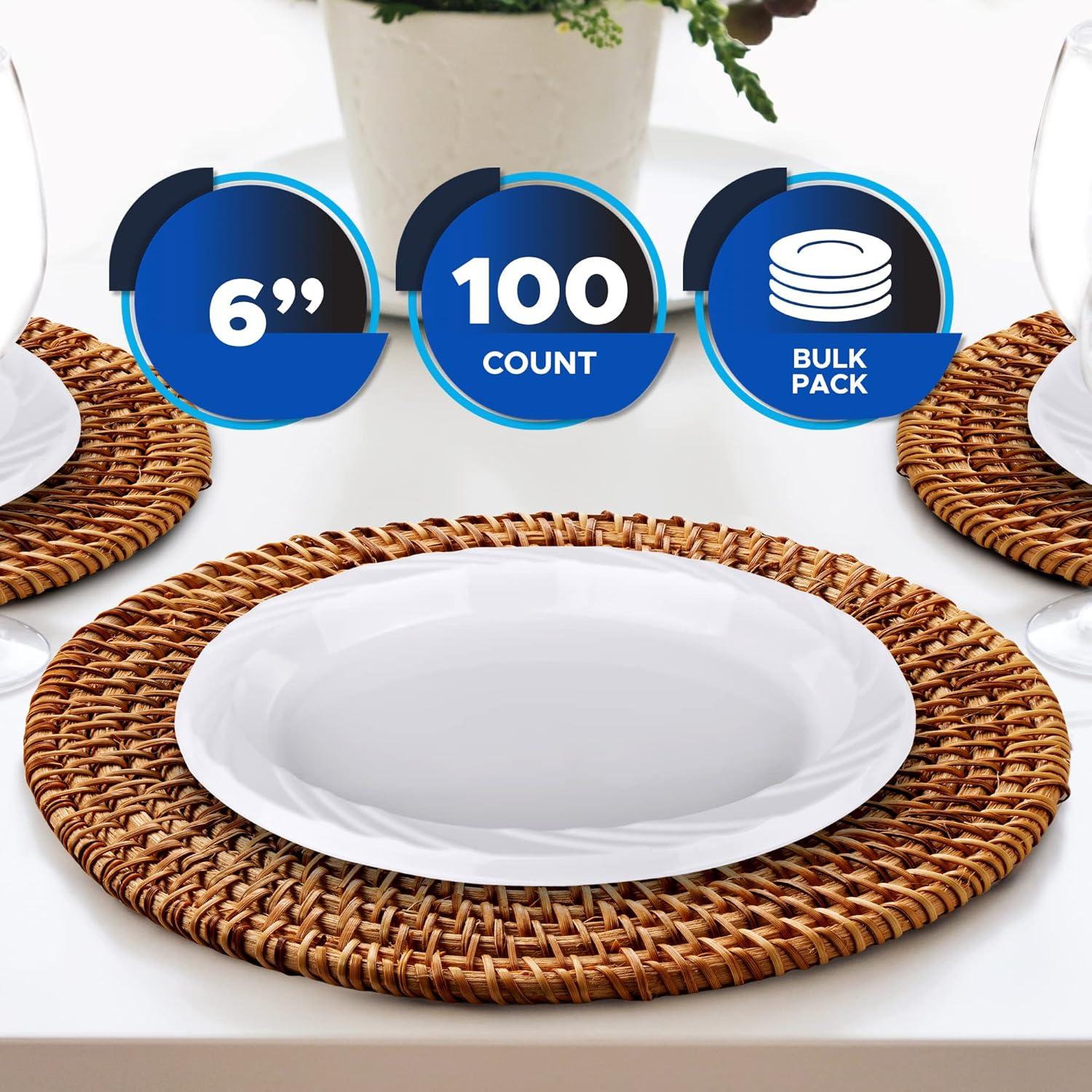 imagePAMI Premium Disposable Plastic Plates Pack of 100 6 White Party Plates For Dinner Desserts Appetizers HeavyDuty Microwavable Plates In Bulk For Any Occasion Elegant Plastic Dinnerware Set