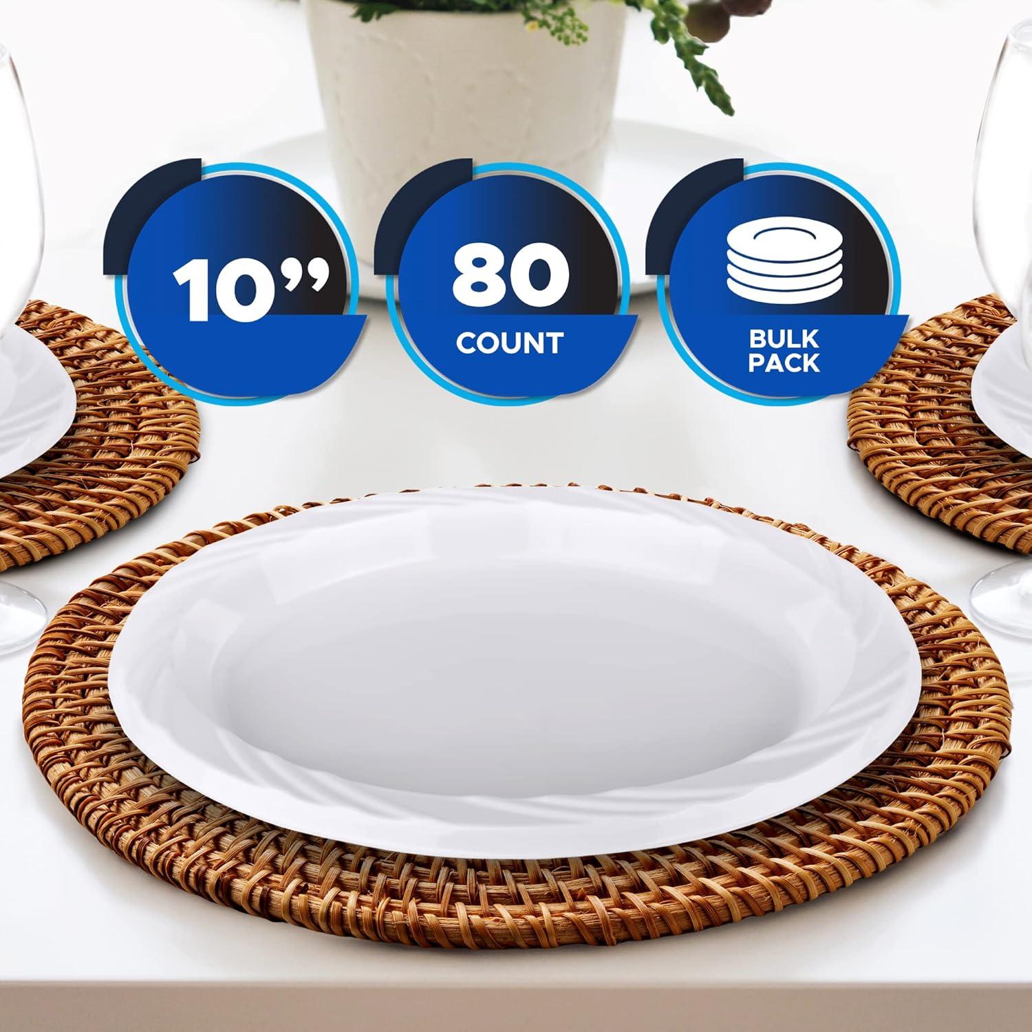 imagePAMI Premium Disposable Plastic Plates Pack of 80 10 White Party Plates For Dinner Desserts Appetizers HeavyDuty Microwavable Plates In Bulk For Any Occasion Elegant Plastic Dinnerware Set