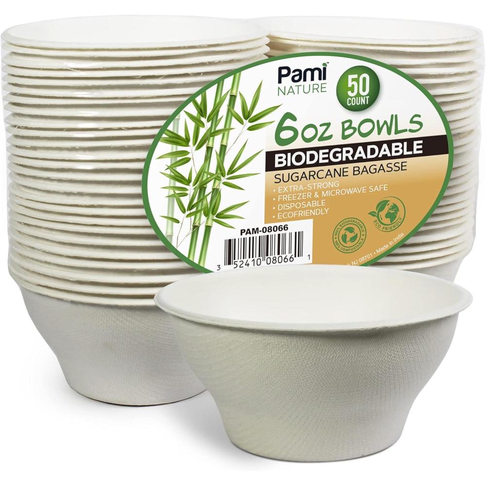 imagePAMI 100 Biodegradable Sugarcane Bowls Pack of 50 Natural Compostable Soup Bowls PlanetFriendly Bagasse Bowls For Hot amp Cold Uses HeavyDuty Disposable Microwavable Paper Serving Bowls 5 oz6 oz