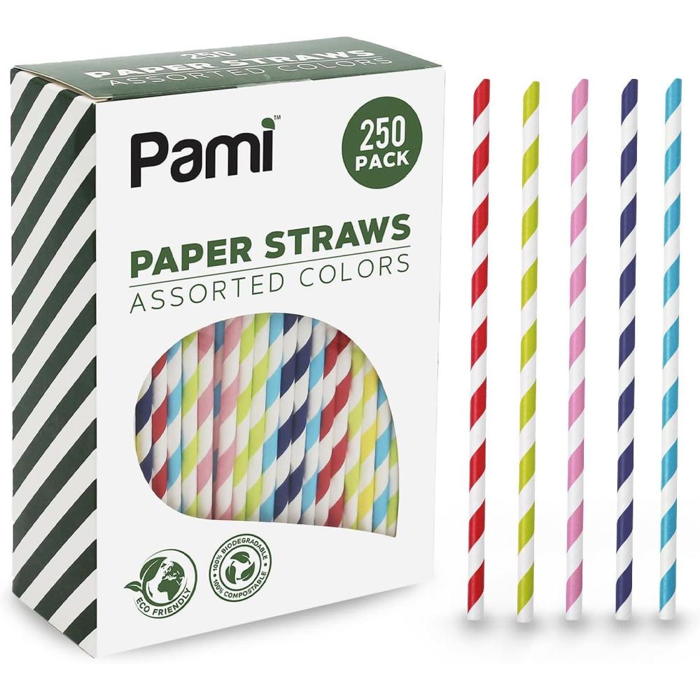 imagePAMI 250Pack Compostable Paper Straws for Drinking Assorted Colors Including Pink Pfas Biodegradable Sturdy for Coffee Juice Cocktails Parties