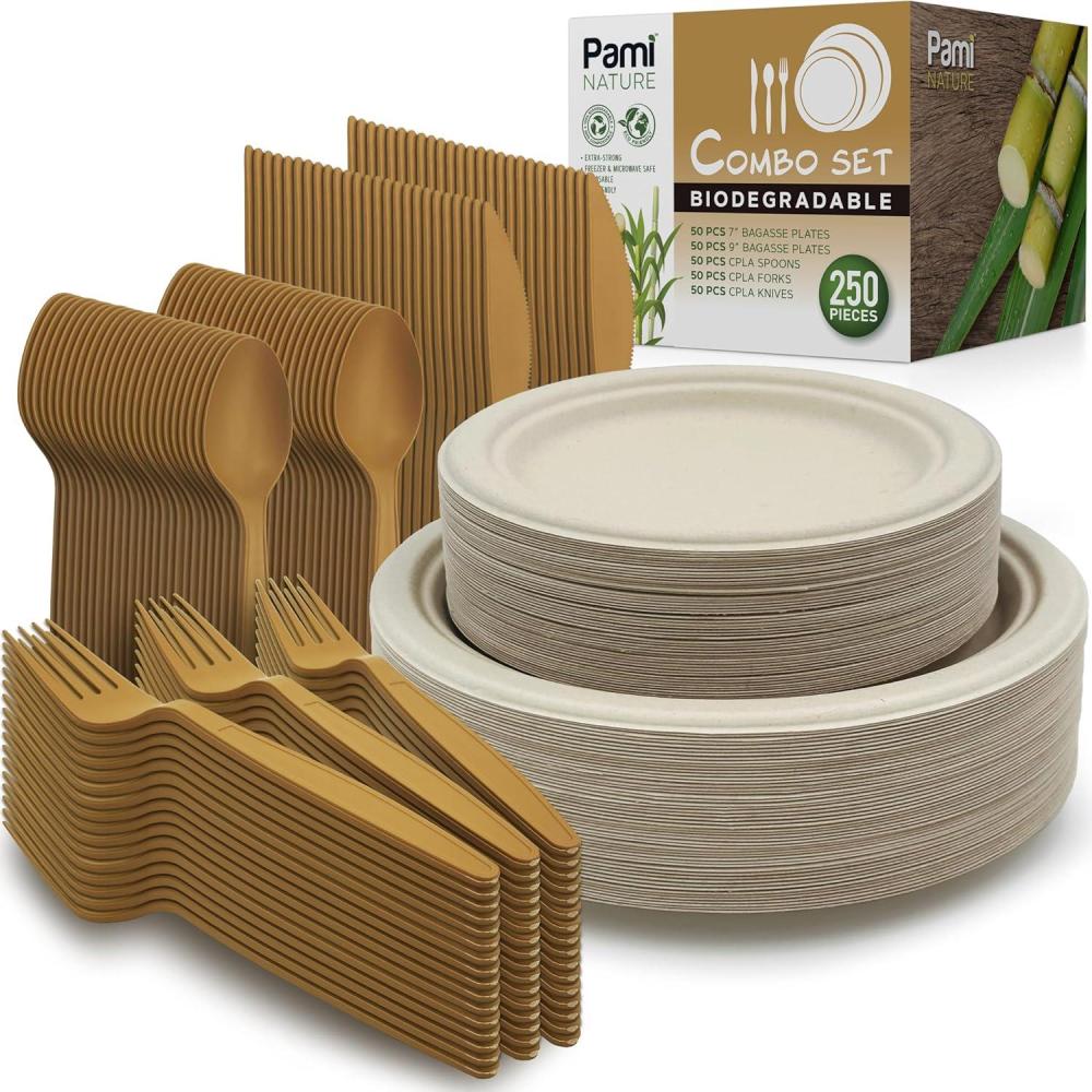 imagePAMI 250Piece Compostable Degradable Tableware Eco Set Disposable Sugarcane Plates Cutlery amp Cups HeavyDuty Eco Dinnerware