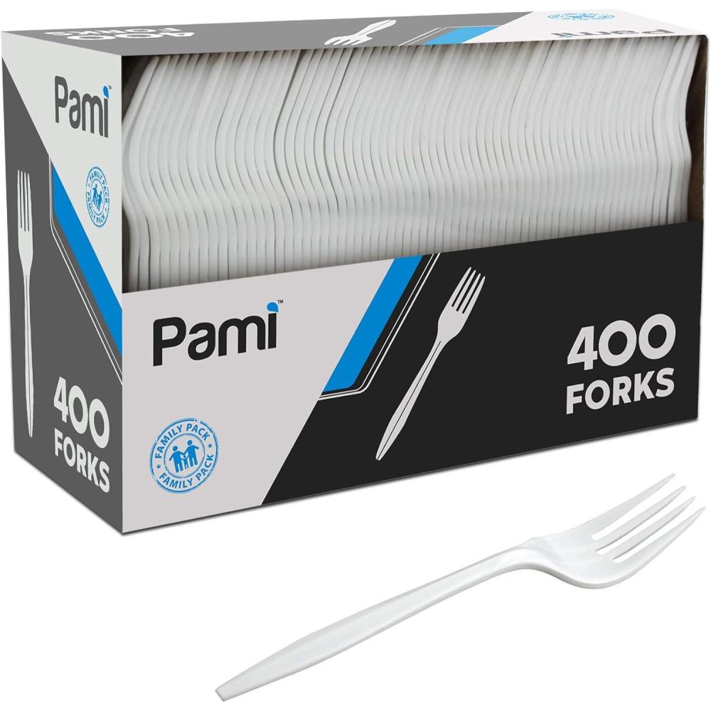 imagePAMI 400Pack Medium Weight Disposable Plastic Teaspoons Bulk Utensils for Parties Weddings Catering Plastic Forks in Bulk Available Teaspoons WhiteForks