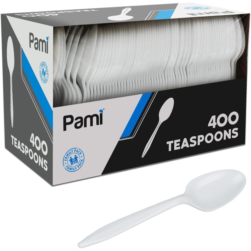 imagePAMI 400Pack Medium Weight Disposable Plastic Teaspoons Bulk Utensils for Parties Weddings Catering Plastic Forks in Bulk Available Teaspoons WhiteTeaspoons