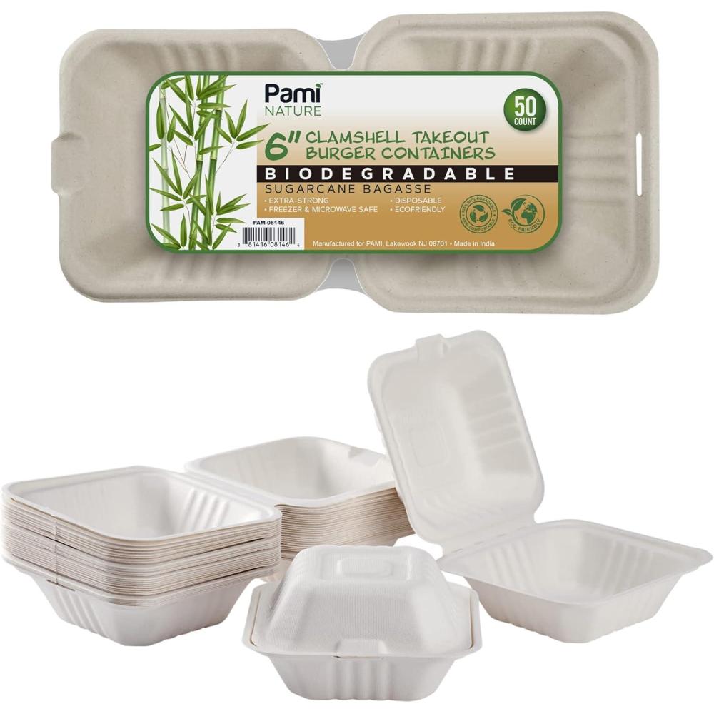 imagePAMI 50Pack 6x6 Biodegradable Bento Box Hamburger Containers Compostable Small Take out Boxes Made from Sugarcane Fibers