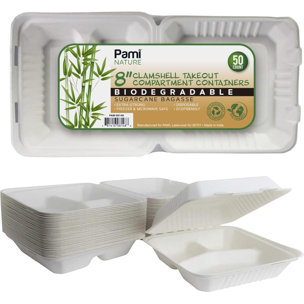 imagePAMI Biodegradable to Go Food Containers 8x8 in 50 Pack Compostable Microwavable Clamshell Boxes Made from EcoFriendly Sugarcane