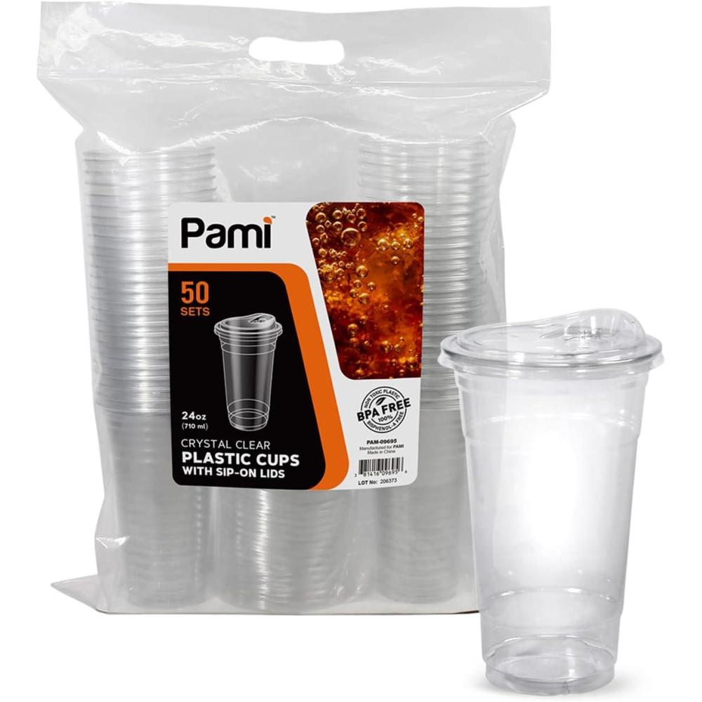imagePAMI Clear 24oz Plastic Cups With Sip Lids Pack of 50 BPAFree Disposable Clear ToGo Cups For Cold Drinks Iced Coffee amp Tea Smoothies Boba Cocktails24oz