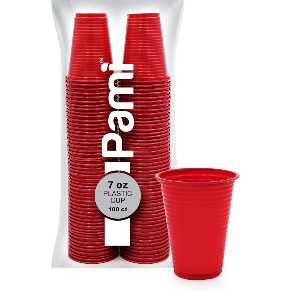 imagePAMI Colorful 7oz Plastic Party Cups Pack of 100 Disposable Drinking Glasses Bulk BPAFree Colored Cups For Iced Tea Jello Punch Cocktails Shots amp Cold Drinks ThrowAway Green Plastic CupsRed