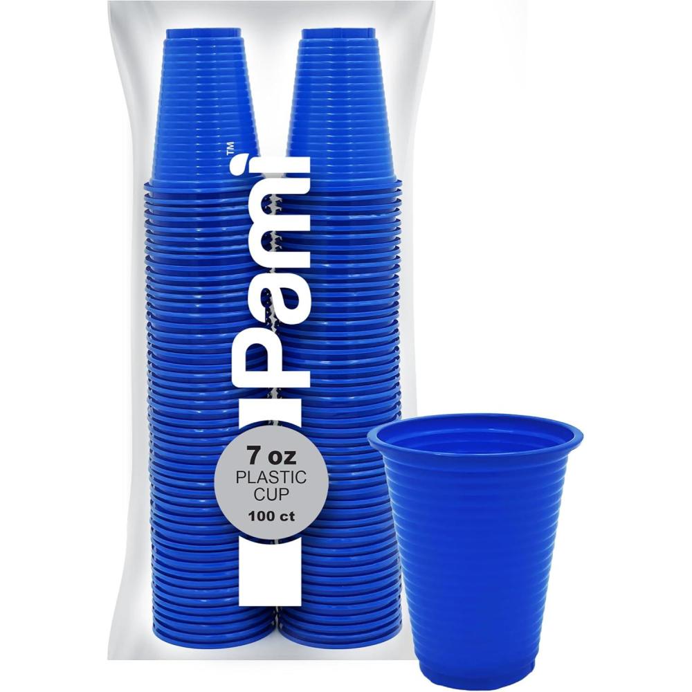 imagePAMI Colorful 7oz Plastic Party Cups Pack of 100 Disposable Drinking Glasses Bulk BPAFree Colored Cups For Iced Tea Jello Punch Cocktails Shots amp Cold Drinks ThrowAway Green Plastic CupsBlue