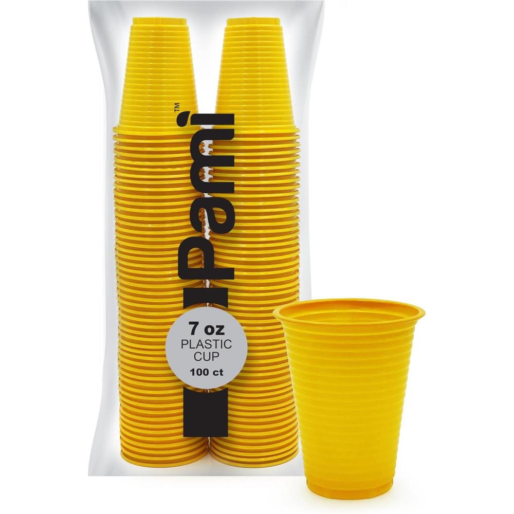 imagePAMI Colorful 7oz Plastic Party Cups Pack of 100 Disposable Drinking Glasses Bulk BPAFree Colored Cups For Iced Tea Jello Punch Cocktails Shots amp Cold Drinks ThrowAway Green Plastic CupsYellow