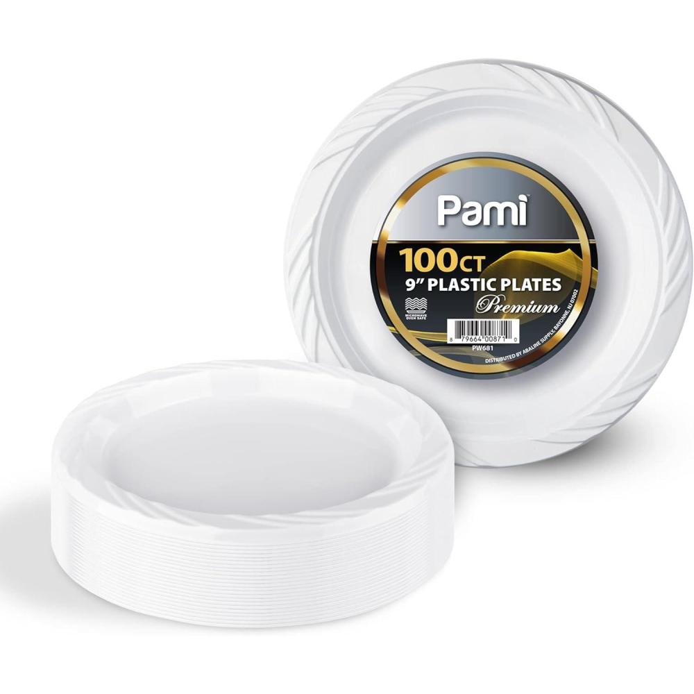 imagePAMI HeavyDuty Disposable Plastic Dinnerware for Parties Elegant Design Microwave amp Freezer Safe 9 Inch Plates 100 White