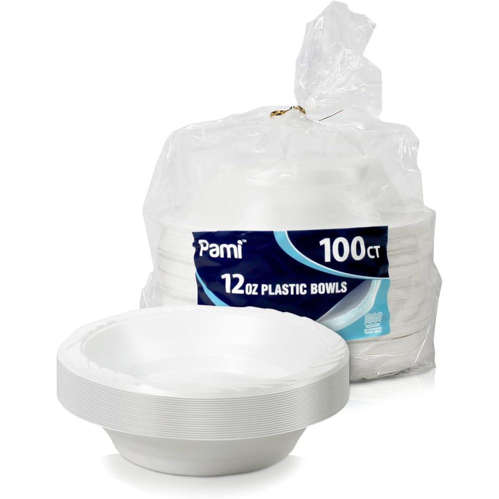 imagePAMI Premium Disposable Plastic Bowls White Serving Soup Bowls For Dinner Salads Desserts HeavyDuty Microwavable Round Rimmed Bowls In Bulk Elegant Plastic Dinnerware Set 12oz