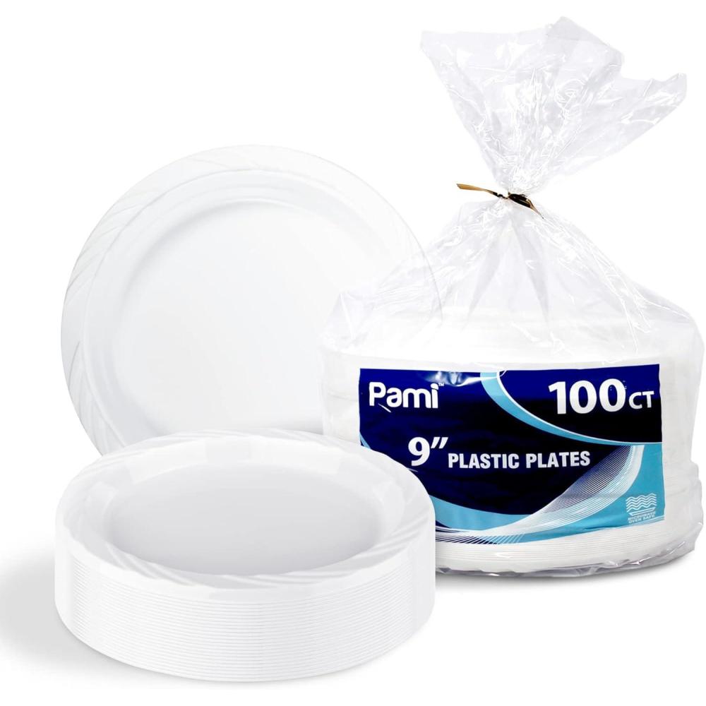 imagePAMI Premium Disposable Plastic Pack of 100 9 White Party Plates For Dinner Desserts Appetizers HeavyDuty Microwavable Plates In Bulk For Any Occasion Elegant Plastic Dinnerware Set
