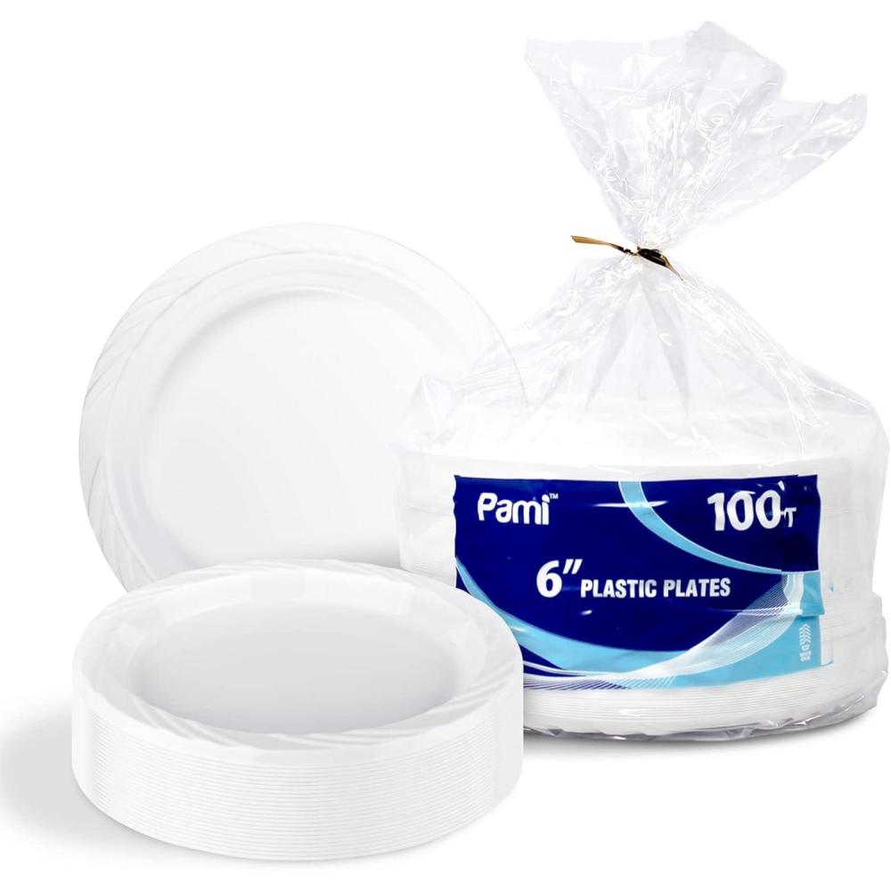 imagePAMI Premium Disposable Plastic Plates Pack of 100 6 White Party Plates For Dinner Desserts Appetizers HeavyDuty Microwavable Plates In Bulk For Any Occasion Elegant Plastic Dinnerware Set