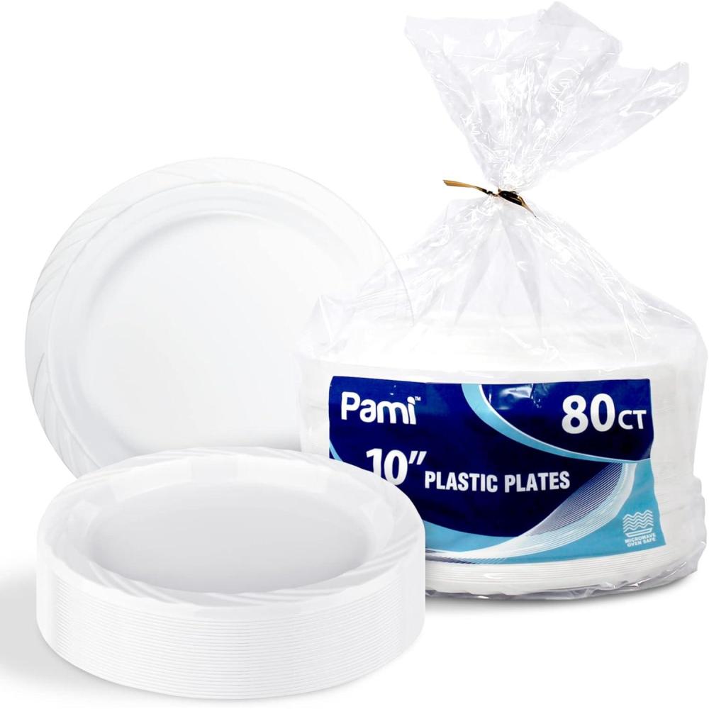 imagePAMI Premium Disposable Plastic Plates Pack of 80 10 White Party Plates For Dinner Desserts Appetizers HeavyDuty Microwavable Plates In Bulk For Any Occasion Elegant Plastic Dinnerware Set