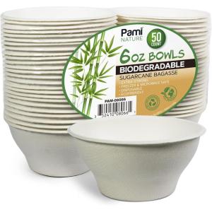 PAMI 100% Biodegradable Sugarcane Bowls [Pack of 50] Natural Compostable Soup Bowls- Planet-Friendly Bagasse Bowls For Hot & Cold Uses- Heavy-Duty Disposable Microwavable Paper Serving Bowls (5 oz.)(6 oz.)