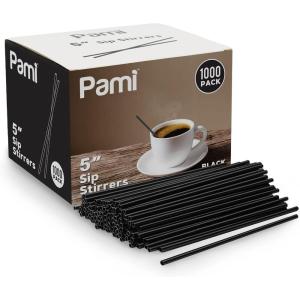 PAMI 1000 Black Stir Straws 5in Disposable Plastic Coffee Stirrers Swizzle Sticks for Cocktails, Hot & Cold Beverages (Black One Size)(Black)