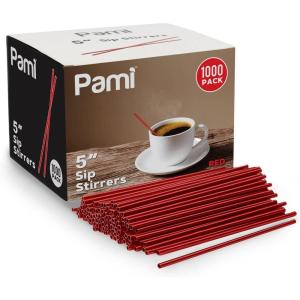 PAMI 1000 Black Stir Straws 5in Disposable Plastic Coffee Stirrers Swizzle Sticks for Cocktails, Hot & Cold Beverages (Black One Size)(Red)