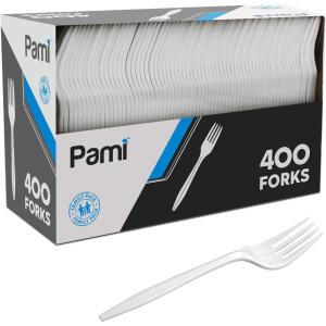 PAMI 400-Pack Medium Weight Disposable Plastic Teaspoons, Bulk Utensils for Parties, Weddings, Catering, Plastic Forks in Bulk Available (Teaspoons White)(Forks)