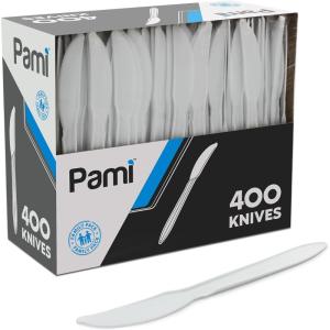 PAMI 400-Pack Medium Weight Disposable Plastic Teaspoons, Bulk Utensils for Parties, Weddings, Catering, Plastic Forks in Bulk Available (Teaspoons White)(Knives)