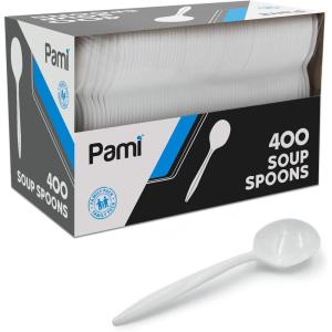 PAMI 400-Pack Medium Weight Disposable Plastic Teaspoons, Bulk Utensils for Parties, Weddings, Catering, Plastic Forks in Bulk Available (Teaspoons White)(Soup Spoons)