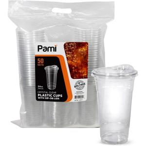 PAMI Clear 24oz Plastic Cups With Sip Lids [Pack of 50] – BPA-Free Disposable Clear To-Go Cups For Cold Drinks, Iced Coffee & Tea, Smoothies, Boba, Cocktails(24oz)