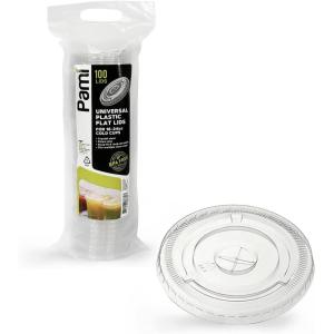 PAMI Clear Plastic Flat Lids with Straw Slot for 16 Oz Cups [Pack of 100] Fits 16, 20, 24 Oz Cups Disposable Leakproof Bpa- Pet Lids