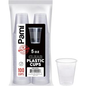 PAMI Disposable Plastic Cups, Bpa- Drinking Glasses for Parties, Cold Drinks, Smoothies, Jello, Cocktails (5 Oz – Pack of 100)(5 Oz – Pack of 100)