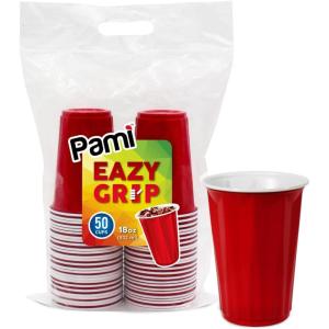 PAMI Easy Grip Red Plastic Party Cups [Pack of 50] – 18oz Disposable Drinking Glasses- Plastic Glasses For Iced Tea, Smoothies, Punch, Cocktails & Cold Drinks- Beer/Beerpong Cups In Resealable Bag