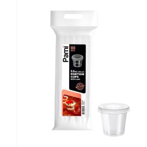 PAMI Portion Control Cups With Lids [5.5oz, 100-Pack]- Small Meal Prep Plastic Food Containers- BPA-Free Disposable Ramekin Cups- Deli Containers For Condiments, Sauces, Salsas, Dips, Jello Shots(100)
