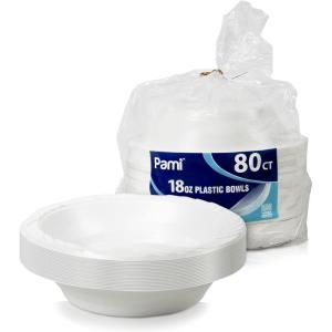 PAMI Premium Disposable Plastic Bowls White Serving Soup Bowls For Dinner, Salads, Desserts – Heavy-Duty Microwavable Round Rimmed Bowls In Bulk- Elegant Plastic Dinnerware Set (18oz)